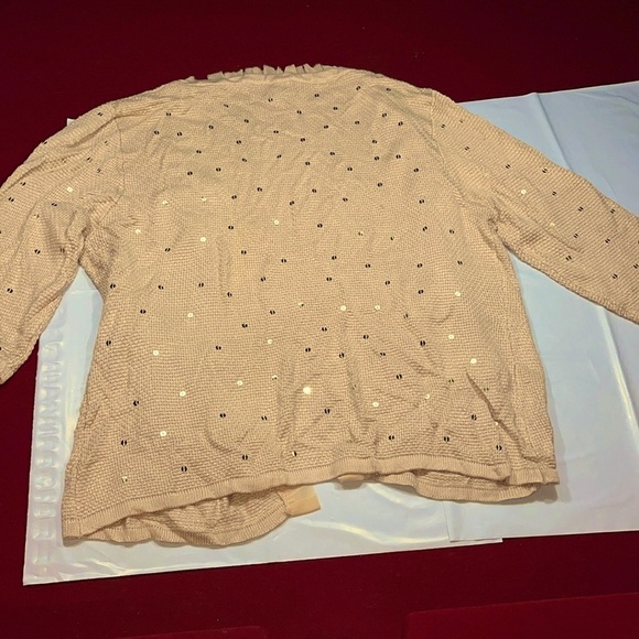 Colleen Lopez BEIGE tan shiny knit hook Cardigan sweater ruffles 3/4 sleeves 3X - Picture 4 of 15